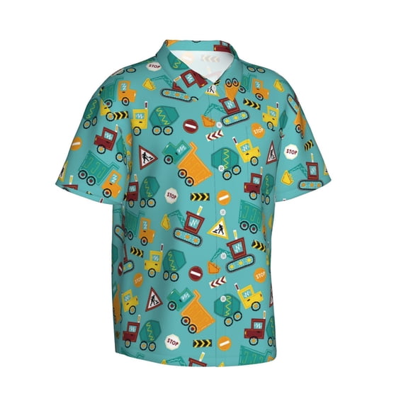 Lsque Trucks And Excavators pattern Hawaiian Shirt for Men, Unisex Summer Beach Casual Short Sleeve Button Down Shirts-XX-Large