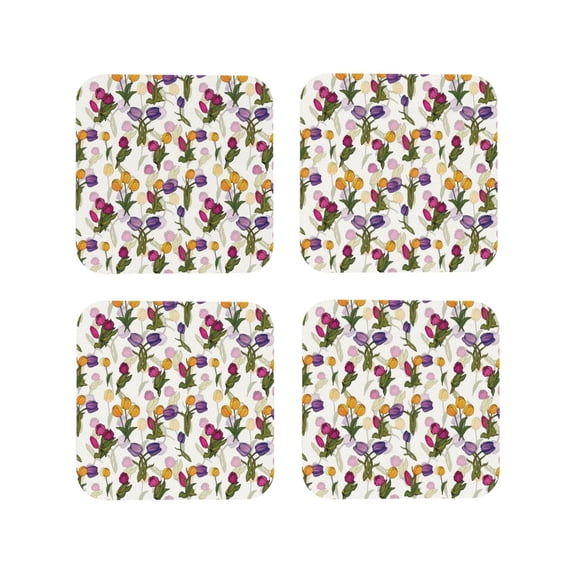 Lsque Tulips Flowers Pattern 4" Drink Coasters Set of 4, PVC Leather Absorbent Coasters, Table Coaster Set Decorative Coffee Cup Coasters Housewarming Gift -Square