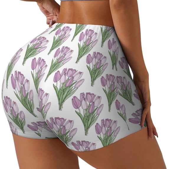 Lsque Tulips Flowers Pattern High Waisted Biker Shorts for Women-Tummy Control Fitness Athletic Workout Running Yoga Gym Shorts,Moisture-Wicking-Large