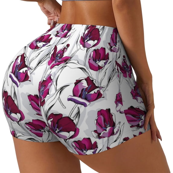 Lsque Tulips Flowers Pattern High Waisted Biker Shorts for Women-Tummy Control Fitness Athletic Workout Running Yoga Gym Shorts,Moisture-Wicking-Medium