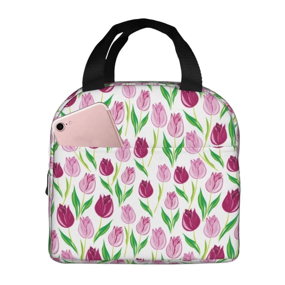 Lsque Tulips Flowers Pattern Lunch Bag Women/Men Insulated Lunch Box,Small Leakproof Cooler Food Lunch Containers Reusable High Capacity Lunch Tote Bags