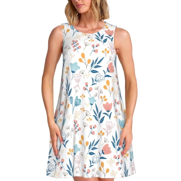 Lsque Tulips Flowers Pattern Summer Dresses for Women – Sleeveless T-Shirt Swing Sundress, Perfect for the Beach and Casual Days