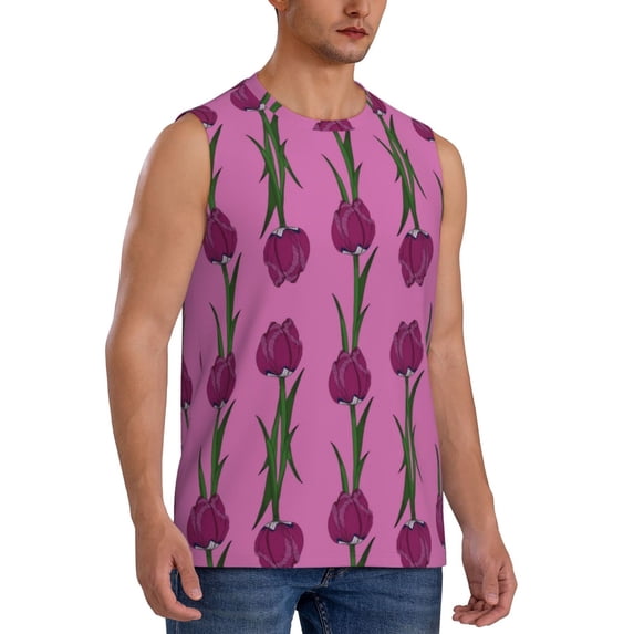 Lsque Tulips Flowers Print Men's Cotton Blend Sleeveless Muscle Shirts (S-3XL)- Moisture Wicking, Odor Protection, UPF 30+,Medium