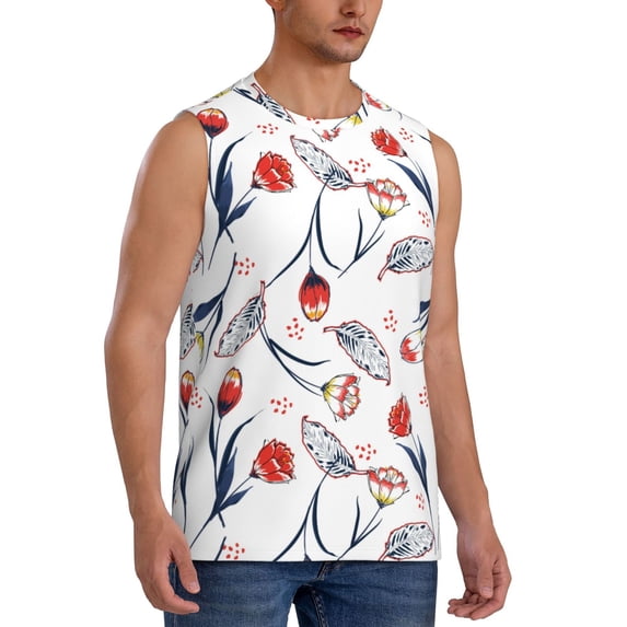 Lsque Tulips Flowers Print Men's Cotton Blend Sleeveless Muscle Shirts (S-3XL)- Moisture Wicking, Odor Protection, UPF 30+,X-Large