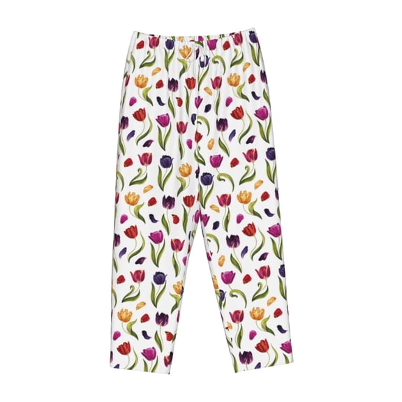 Lsque Tulips Flowers Print Women's Pajama Pants, Lounge Pant - Comfortable Home Wear,Elastic Waistband, Stylish Design-Small
