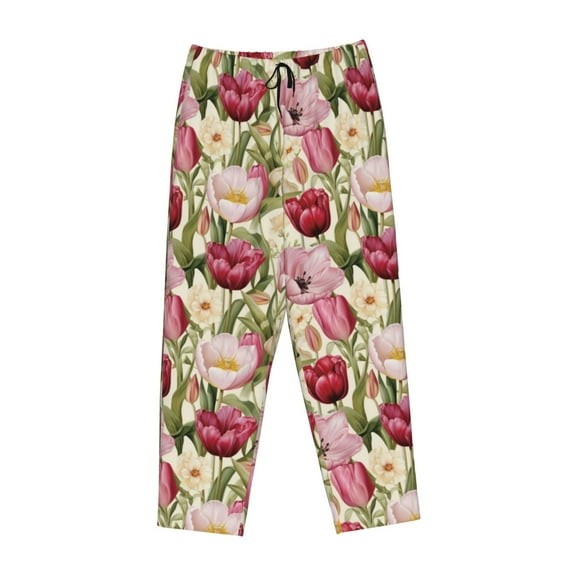 Lsque Tulips Flowers Print Women's Pajama Pants, Lounge Pant - Comfortable Home Wear,Elastic Waistband, Stylish Design-Small