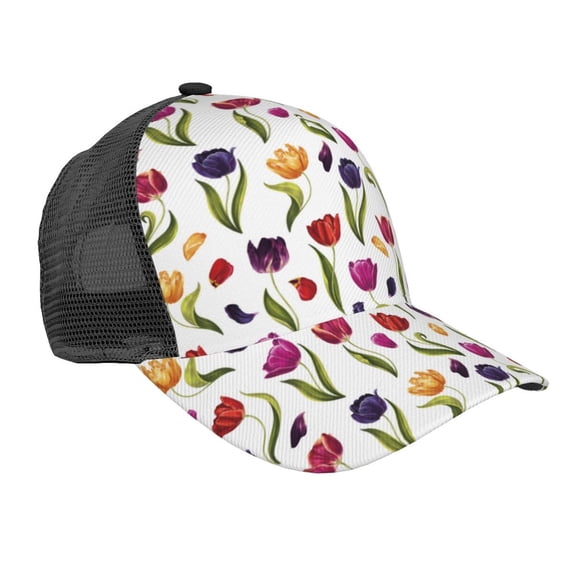 Lsque Tulips Flowers Printed Trucker Hat - Baseball Cap for Men Women - Breathable Mesh Side, Adjustable Fit - for Casual Wear
