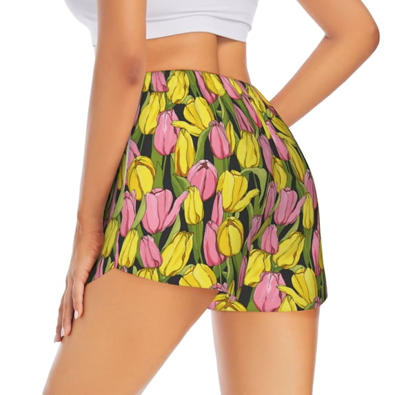 Lsque Tulips Flowers Printed Women's Running Shorts with Liner Pockets,Elastic Quick Dry Workout Athletic Gym Yoga Shorts,Womens High Waist Shorts-Small