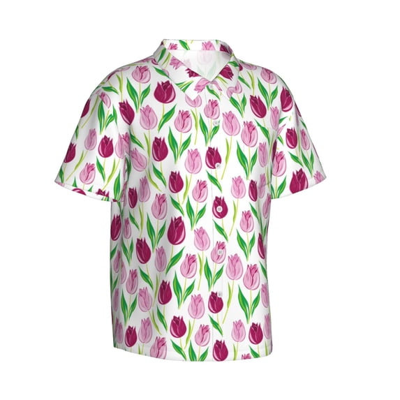 Lsque Tulips Flowers pattern Hawaiian Shirt for Men, Unisex Summer Beach Casual Short Sleeve Button Down Shirts-Medium