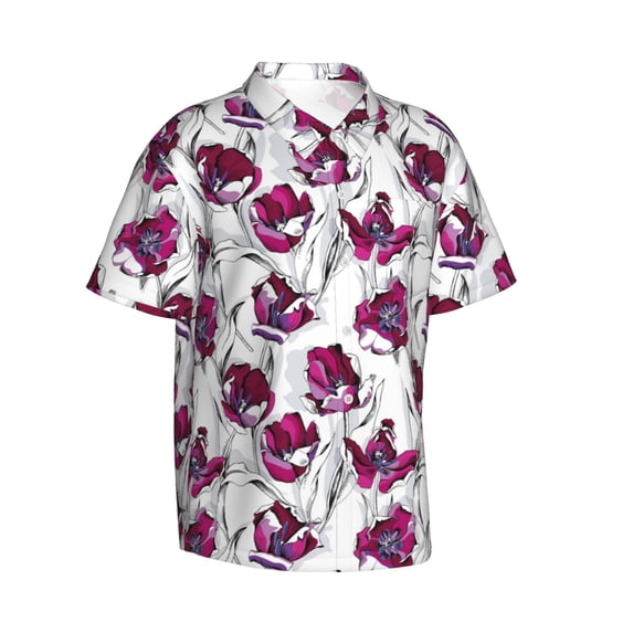 Lsque Tulips Flowers pattern Hawaiian Shirt for Men, Unisex Summer Beach Casual Short Sleeve Button Down Shirts-Medium