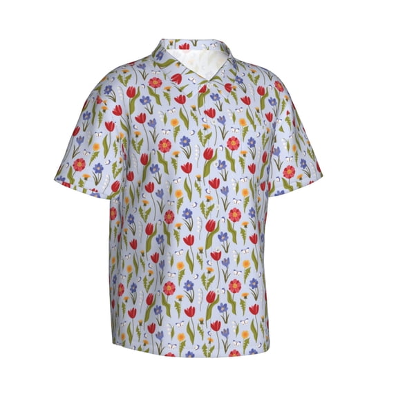 Lsque Tulips Flowers pattern Hawaiian Shirt for Men, Unisex Summer Beach Casual Short Sleeve Button Down Shirts-Medium