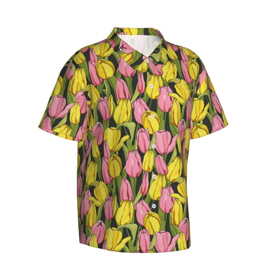 Lsque Tulips Flowers pattern Hawaiian Shirt for Men, Unisex Summer Beach Casual Short Sleeve Button Down Shirts-Small