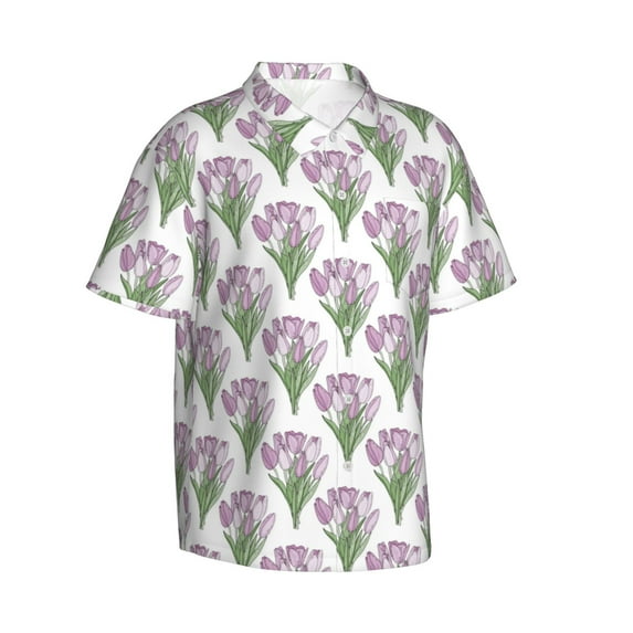 Lsque Tulips Flowers pattern Hawaiian Shirt for Men, Unisex Summer Beach Casual Short Sleeve Button Down Shirts-Small