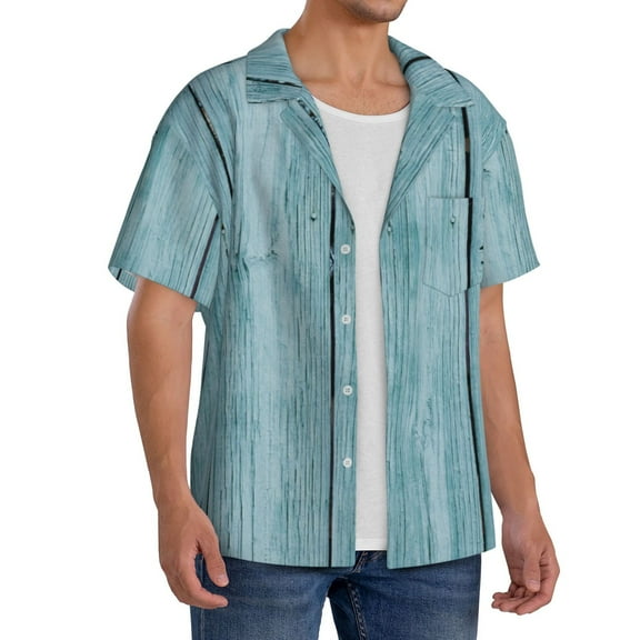Lsque Turquoise Wooden1 print Men's Cuban Collar Short Sleeve Shirt Summer Beachwear Casual Button Down Fashionable Vacation Leisure Shirt-XX-Large