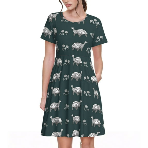 Lsque Turtle Chrysanthemum Print Women's Casual Dress T-Shirt Summer Short Sleeve Scoop Neck Swing Dresses
