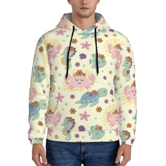 Lsque Turtle Crab Sea Horse Pattern Casual Men's Hoodie,Hooded Sweatshirt with Kangaroo Pocket,Pullover Hoodie-Large