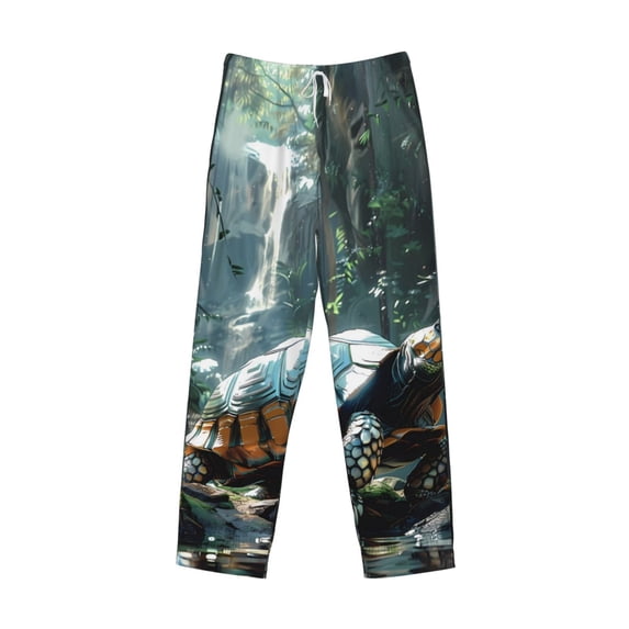 Lsque Turtle In Jungle Waterfall Print Men's Pajama Pants, Lounge Pant - Comfortable Home Wear,Elastic Waistband, Stylish Design-Large
