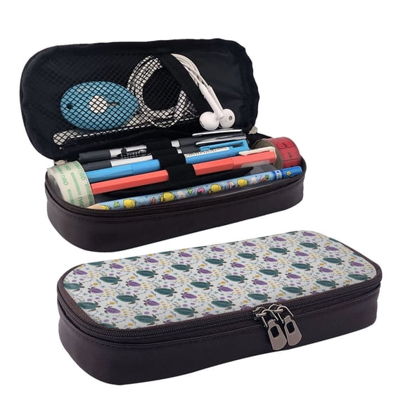 Lsque Turtle Printed Big Capacity PU Leather Pencil Case Large Pencil Pouch Stationery Pen Bag Pencil Holder for Teen