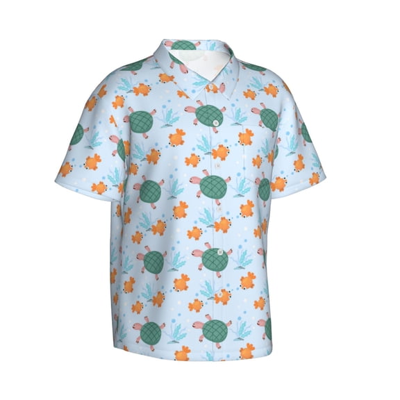 Lsque Turtles And Goldfish pattern Hawaiian Shirt for Men, Unisex Summer Beach Casual Short Sleeve Button Down Shirts-3X-Large