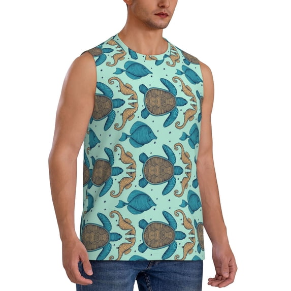 Lsque Turtles And Seahorses Print Men's Cotton Blend Sleeveless Muscle Shirts (S-3XL)- Moisture Wicking, Odor Protection, UPF 30+,Large
