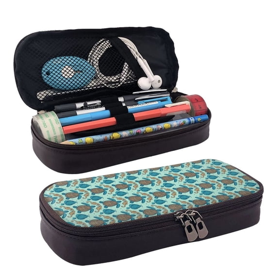 Lsque Turtles And Seahorses Printed Big Capacity PU Leather Pencil Case Large Pencil Pouch Stationery Pen Bag Pencil Holder for Teen