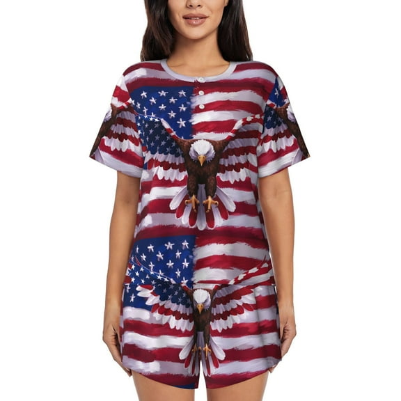 Lsque USA Eagle with Spread Wings Women's Short-Sleeved Pajama Set - 2 Piece Soft and Lightweight Sleepwear Set-Large