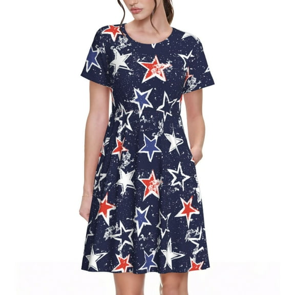 Lsque USA Stars Print Women's Casual Dress T-Shirt Summer Short Sleeve Scoop Neck Swing Dresses