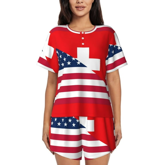 Lsque USA Switzerland Women's Short-Sleeved Pajama Set - 2 Piece Soft and Lightweight Sleepwear Set-Medium