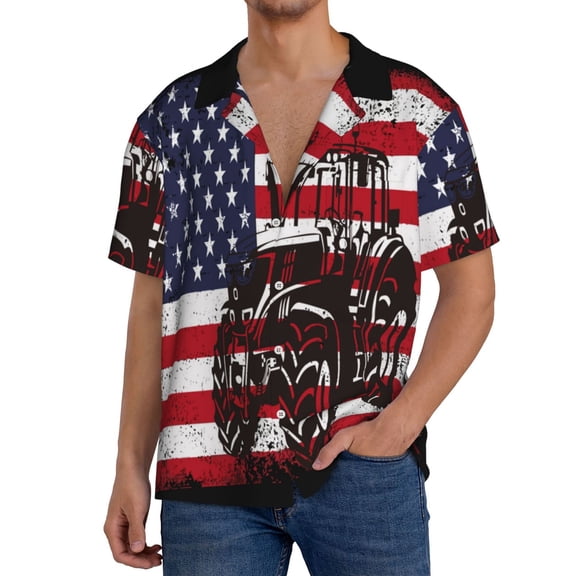 Lsque USA Vintage Flag Tractor Print Men's Cuban Collar Short Sleeve Shirt Summer Beachwear Casual Button Down Fashionable Vacation Leisure Shirt-Small