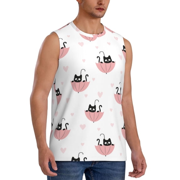 Lsque Umbrella Cat Print Men's Cotton Blend Sleeveless Muscle Shirts (S-3XL)- Moisture Wicking, Odor Protection, UPF 30+,Small