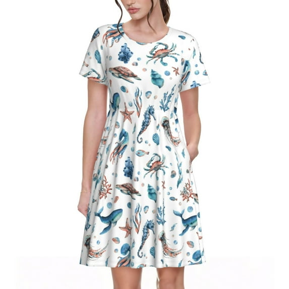 Lsque Undersea Animals Print Women's Casual Dress T-Shirt Summer Short Sleeve Scoop Neck Swing Dresses