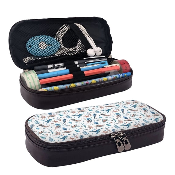 Lsque Undersea Animals Printed Big Capacity PU Leather Pencil Case Large Pencil Pouch Stationery Pen Bag Pencil Holder for Teen