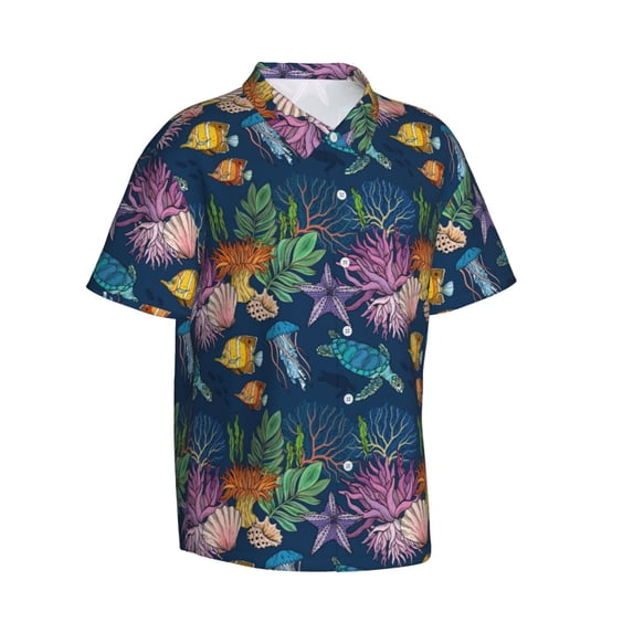 Lsque Undersea Animals pattern Hawaiian Shirt for Men, Unisex Summer Beach Casual Short Sleeve Button Down Shirts-Small