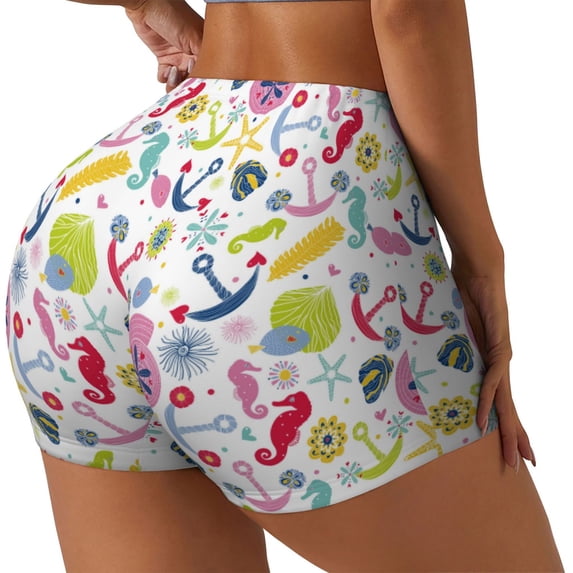 Lsque Undersea Seahorse Pattern High Waisted Biker Shorts for Women-Tummy Control Fitness Athletic Workout Running Yoga Gym Shorts,Moisture-Wicking-Medium