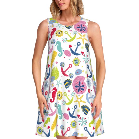 Lsque Undersea Seahorse Pattern Summer Dresses for Women – Sleeveless T-Shirt Swing Sundress, Perfect for the Beach and Casual Days