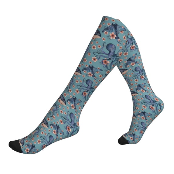 Lsque Underwater Animals and Flowers Pattern Sport Compression Socks for Men & Women 15-20 mmHg Knee High Nurse Pregnant Running Medical and Travel Athletic