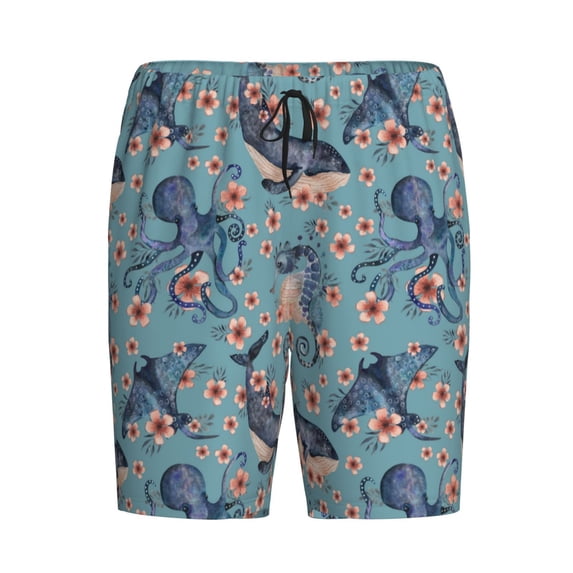 Lsque Underwater Animals and Flowers Mens Sleep Pajama Shorts,Short Pajama Pants, Cotton Ultra-Soft Knit-XX-Large