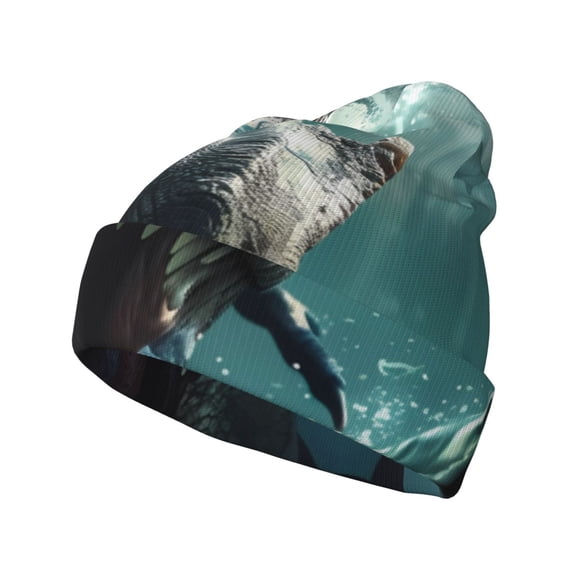 Lsque Underwater Dinosaur Shark Pattern Knitted Beanie, Unisex Winter Hat, Knit Hat Winter Beanies Thick Fisherman Beanies Cuffed Plain Skull Caps