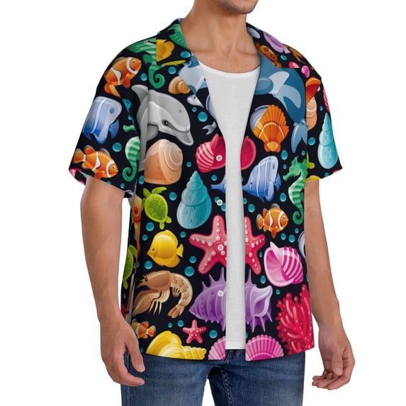 Lsque Underwater Diving Animals print Men's Cuban Collar Short Sleeve Shirt Summer Beachwear Casual Button Down Fashionable Vacation Leisure Shirt-3X-Large