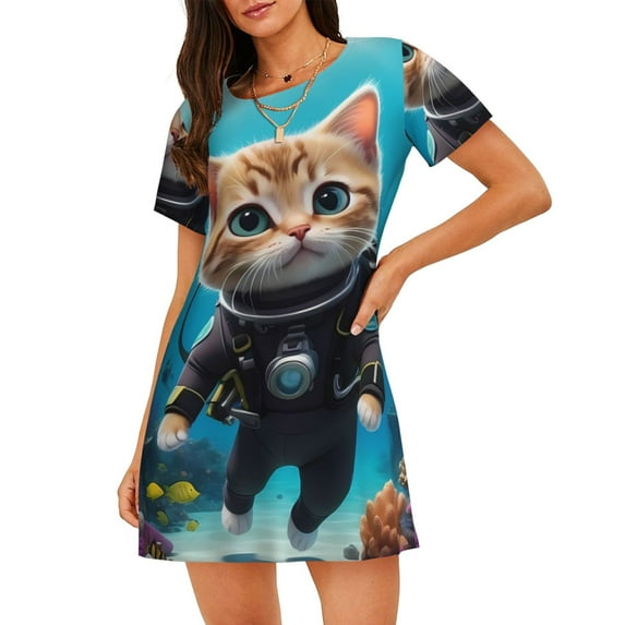 Lsque Underwater Diving Cat Pattern Nightgowns for Women Sleep Shirts Short Sleeve Nightshirt Pullover Nightdress Soft Sleepwear Relaxed Fit Nightdress