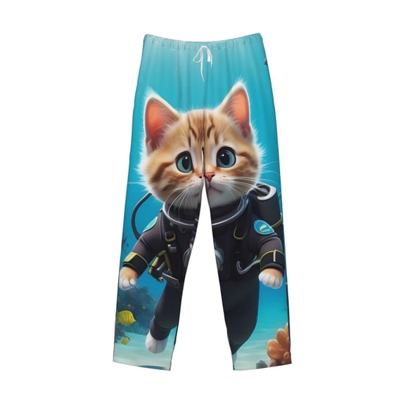 Lsque Underwater Diving Cat Print Men's Pajama Pants, Lounge Pant - Comfortable Home Wear,Elastic Waistband, Stylish Design-X-Large