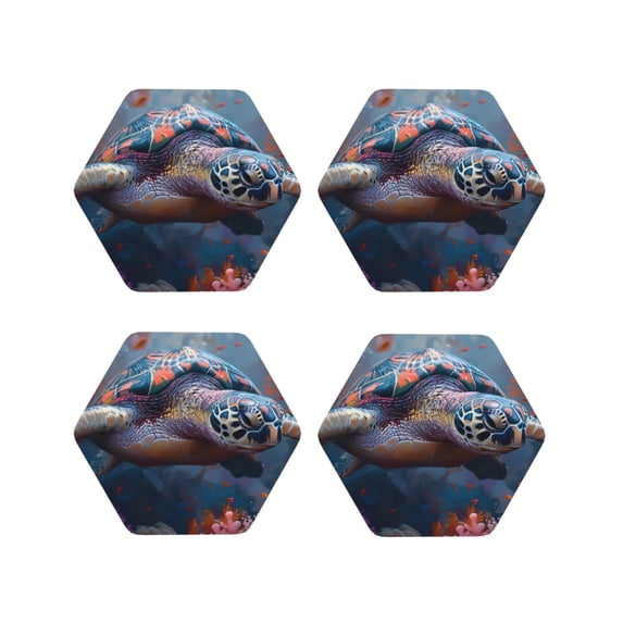 Lsque Underwater Lazy Turtle Pattern 4" Drink Coasters Set of 4, PVC Leather Absorbent Coasters, Table Coaster Set Decorative Coffee Cup Coasters Housewarming Gift -Hexagon