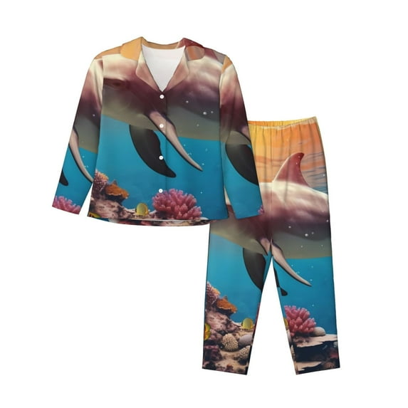 Lsque Underwater Plant Dolphin Pattern Long Sleeve Pajama Set for Women - Soft 2-Piece Sleepwear and Loungewear Set with Pockets, Comfy Nightwear-X-Large
