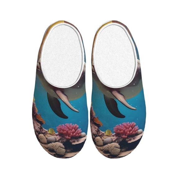 Lsque Underwater Plant Dolphin Pattern Womens Comfort Cotton on Scuff With Memory Foam and Anti-skid Sole Slipper-40/41