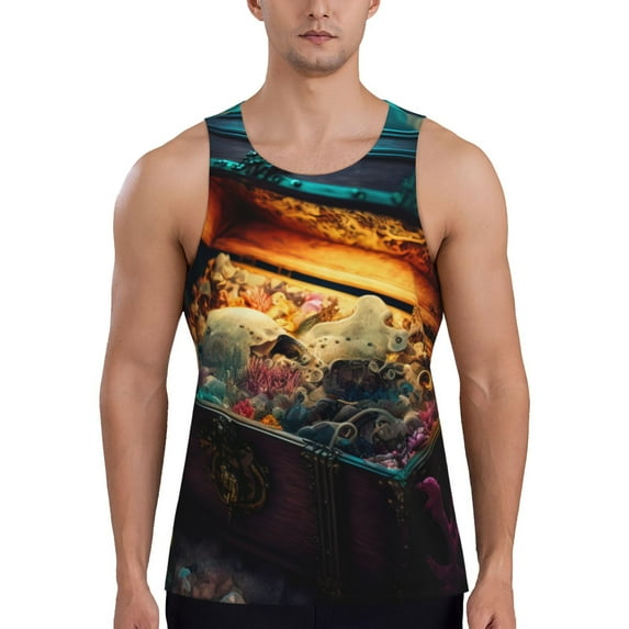 Lsque Underwater Treasure Chest Pattern Mens Tank Tops Muscle Athletic Quick Dry Sleeveless Workout Fitness T Shirts Beach Tank Top, Loose-fit Sleeveless Shirt for Men-3X-Large