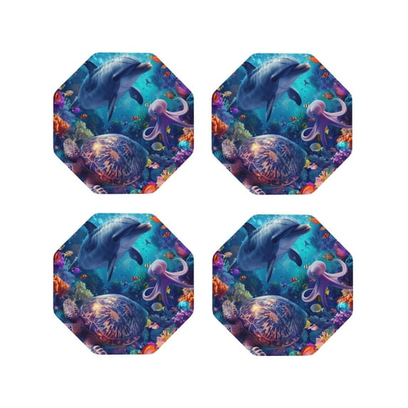 Lsque Underwater Turtle Dolphin Octopus Pattern 4" Drink Coasters Set of 4, PVC Leather Absorbent Coasters, Table Coaster Set Decorative Coffee Cup Coasters Housewarming Gift -Octagon
