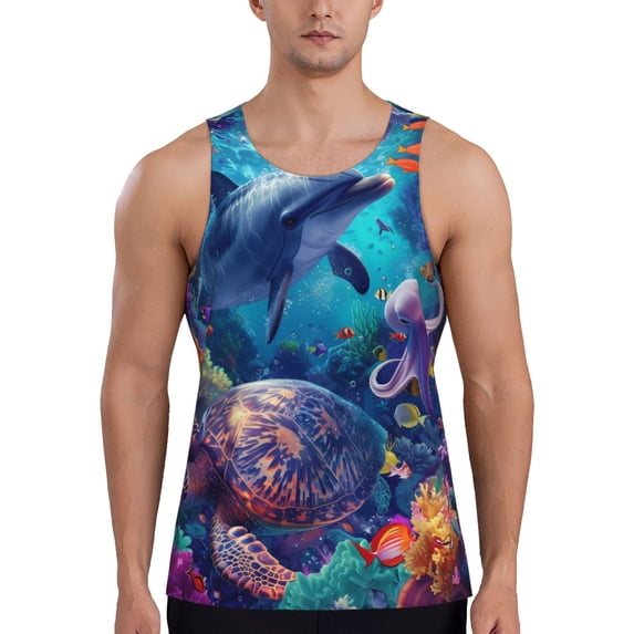 Lsque Underwater Turtle Dolphin Octopus Pattern Mens Tank Tops Muscle Athletic Quick Dry Sleeveless Workout Fitness T Shirts Beach Tank Top, Loose-fit Sleeveless Shirt for Men-4X-Large