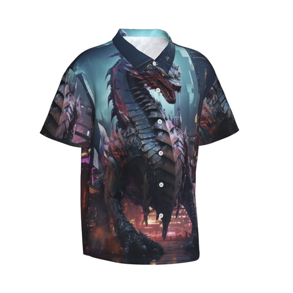 Lsque Urban Mechanical Dragon pattern Hawaiian Shirt for Men, Unisex Summer Beach Casual Short Sleeve Button Down Shirts-Large