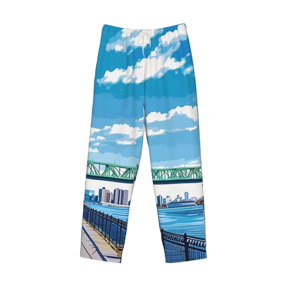 Lsque Urban Riverside Clock Tower Print Men's Pajama Pants, Lounge Pant - Comfortable Home Wear,Elastic Waistband, Stylish Design-XX-Large