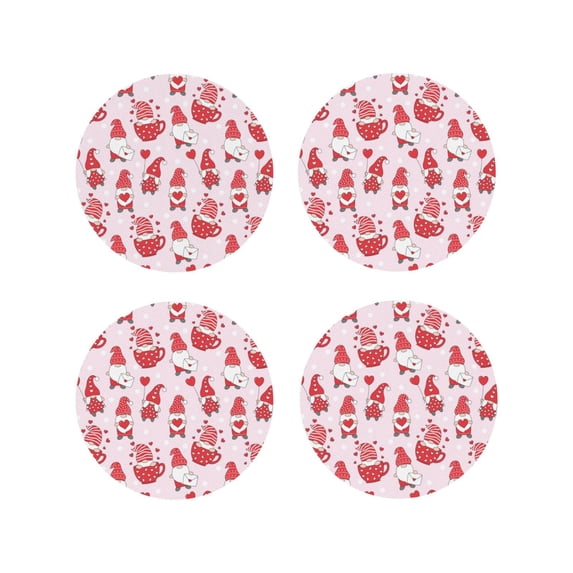 Lsque Valentine Gnomes Pattern 4" Drink Coasters Set of 4, PVC Leather Absorbent Coasters, Table Coaster Set Decorative Coffee Cup Coasters Housewarming Gift -Round Shape